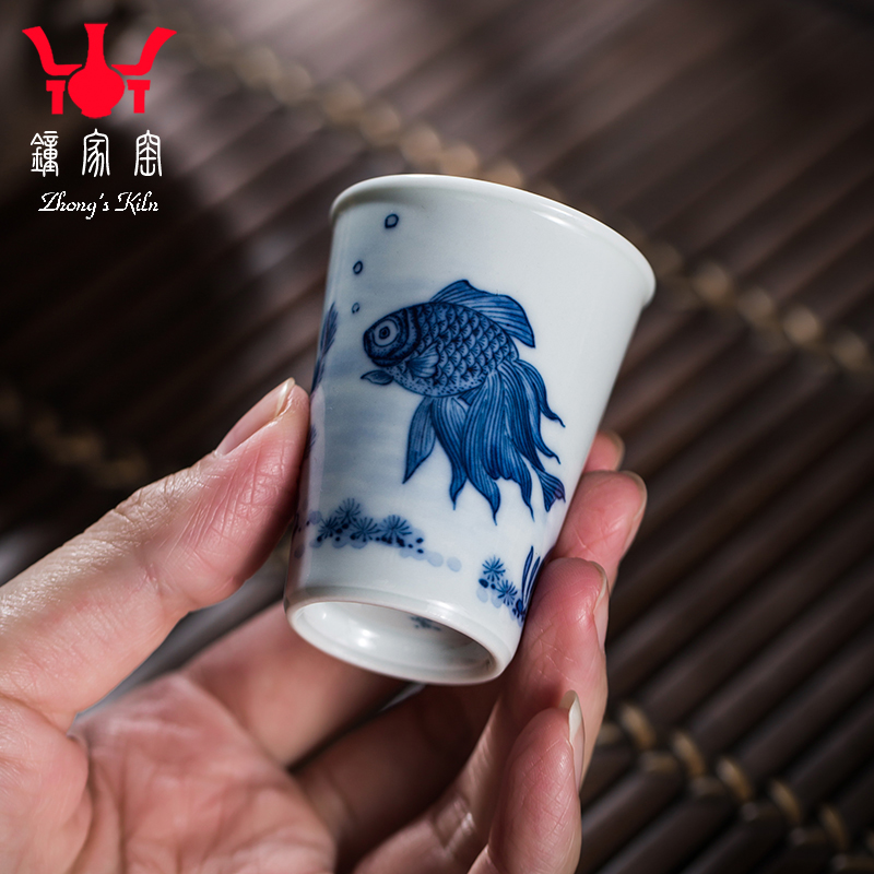 钟家窑陶瓷茶杯 景德镇柴窑青花手绘鱼乐闻香杯功夫个人专用茶杯