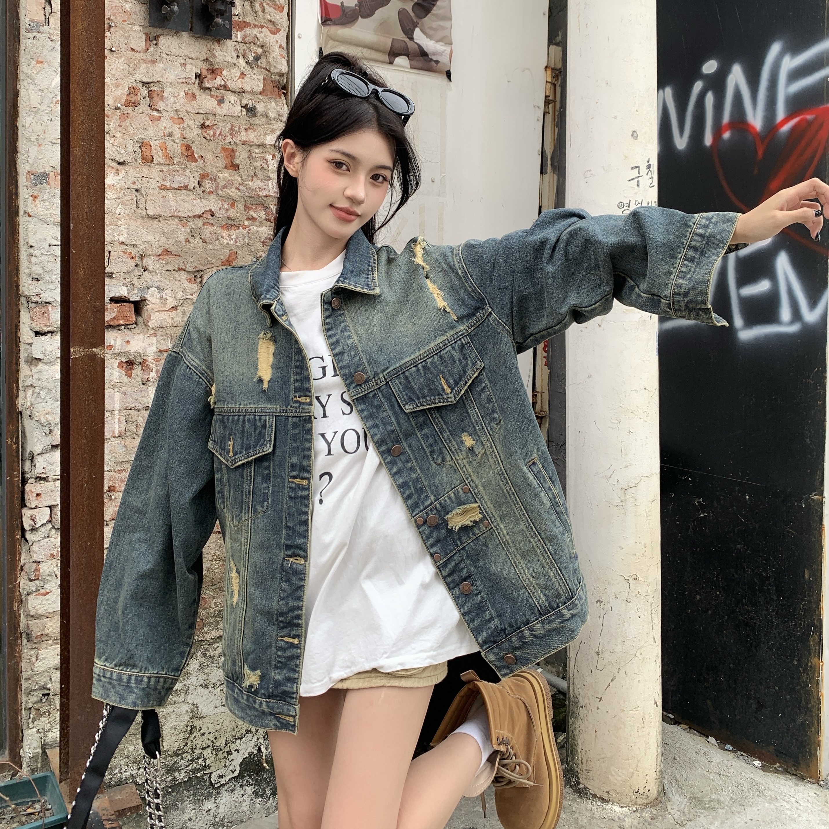 【运补】美式破洞牛仔外套女秋季新款宽松学院风痞帅情侣夹克2257