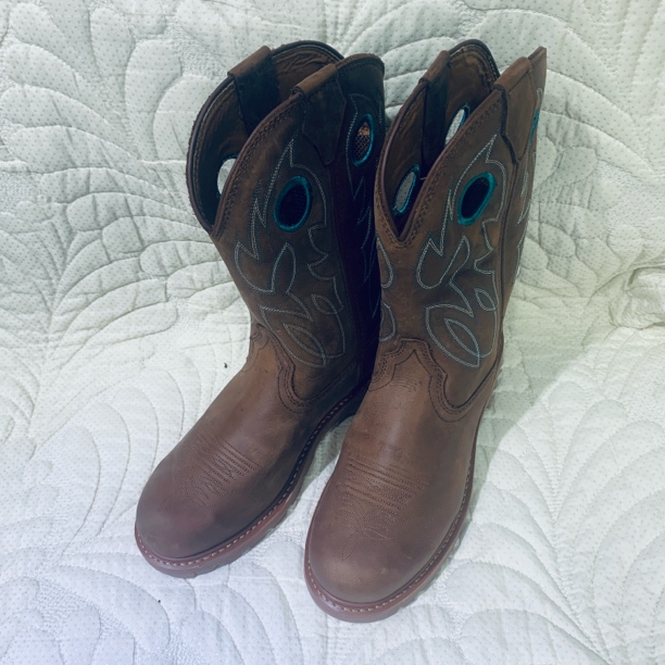 福利！圆头西部牛仔靴骑士马靴男刺绣牛皮浅棕色套筒靴