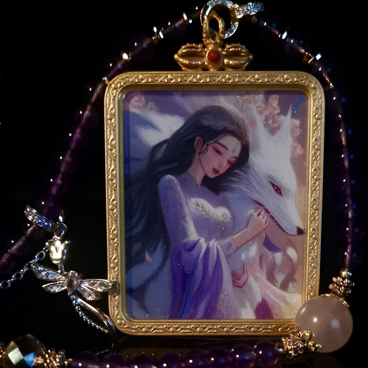 九尾凤九狐狐热贡纯手绘唐卡项链吊坠