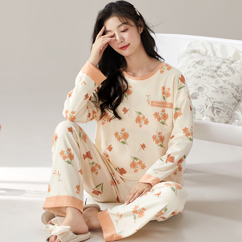 新款女款春秋长袖长裤家居服套装带胸垫可外穿睡衣套装清新款