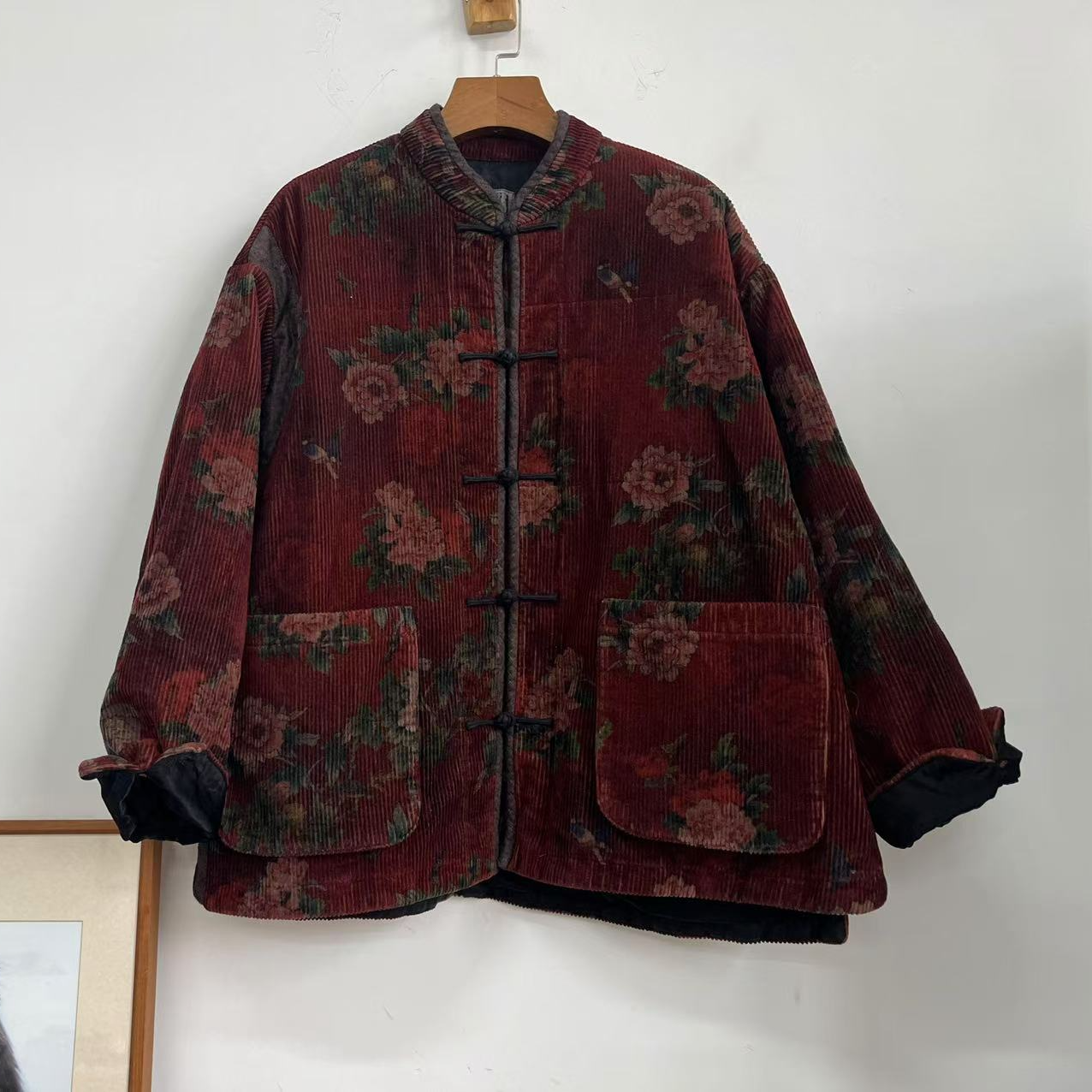 荼-2024新款立领盘口宽松花色条绒短棉服35698