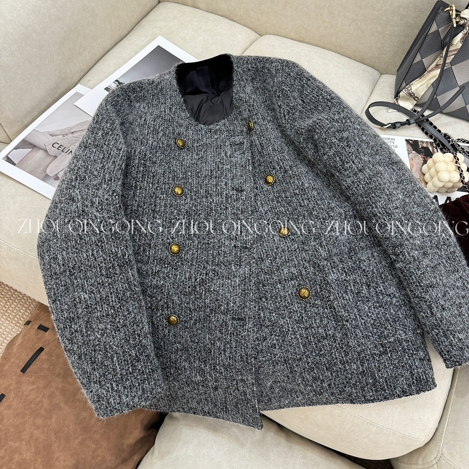 邂逅·星辰羽绒服 周青青气质花呢小香风编织白鸭绒保暖羽绒服气质