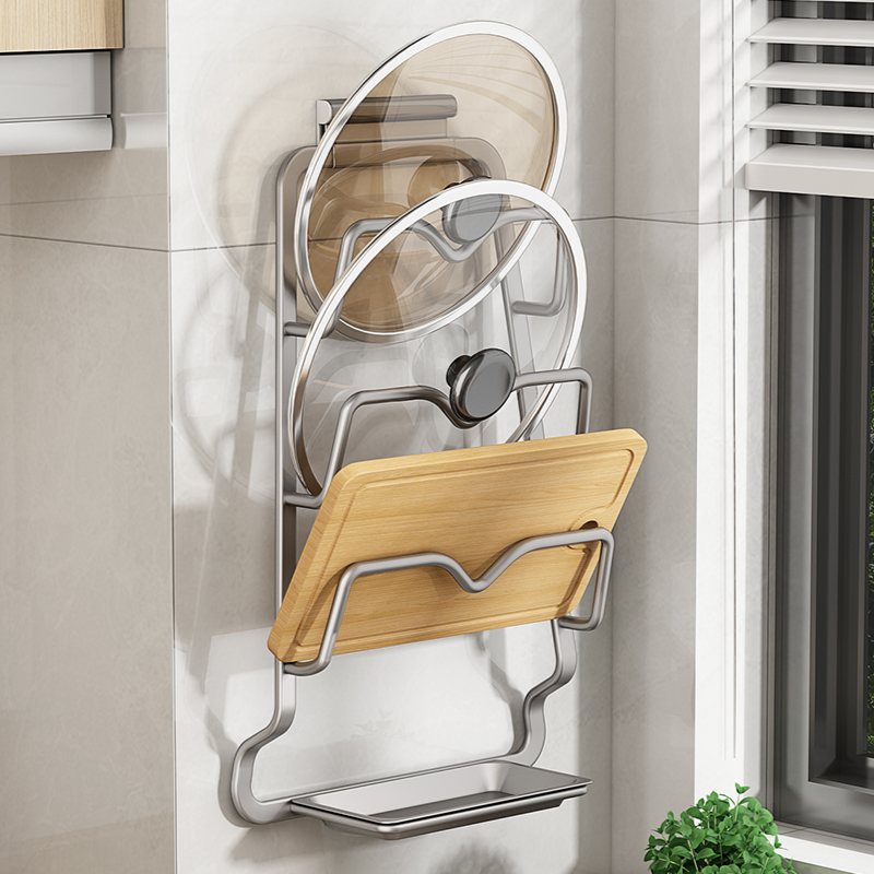 枪灰锅盖架壁挂式免打孔厨房置物架菜放置架子砧挂架收纳神器