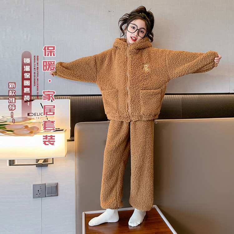 冬款女童保暖睡衣儿童女孩珊瑚绒加厚法兰绒中大童女宝家居服秋冬