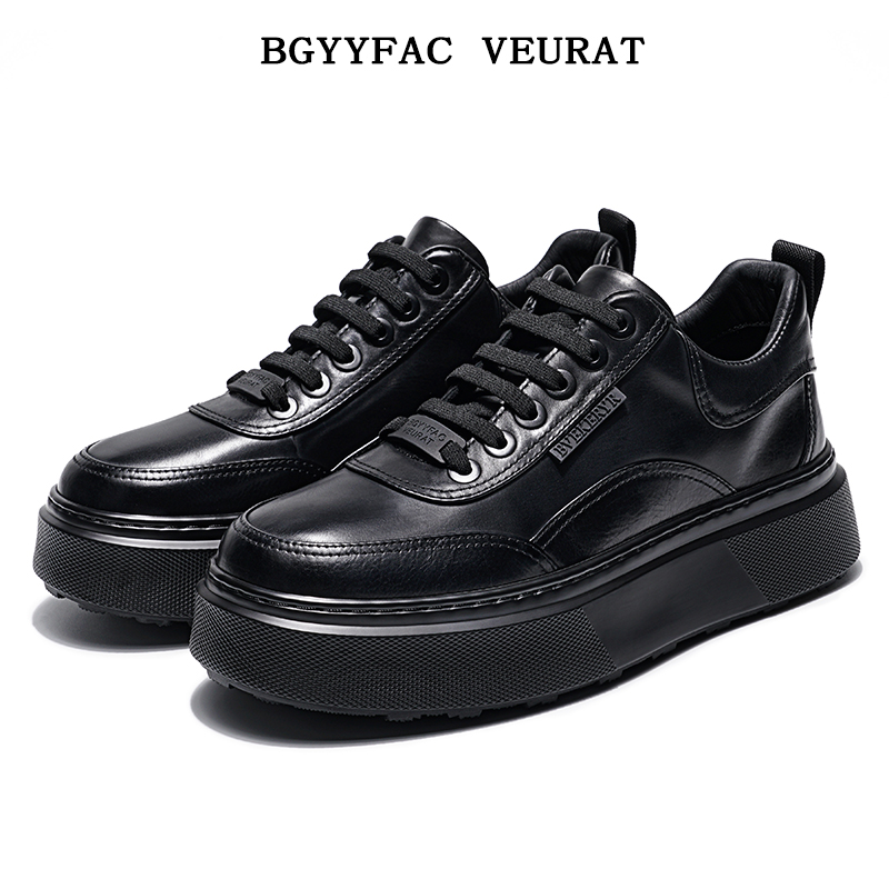 BGYYFAC VEURAT胎牛皮男士黑色板鞋英伦风圆头厚底商务运动休闲鞋