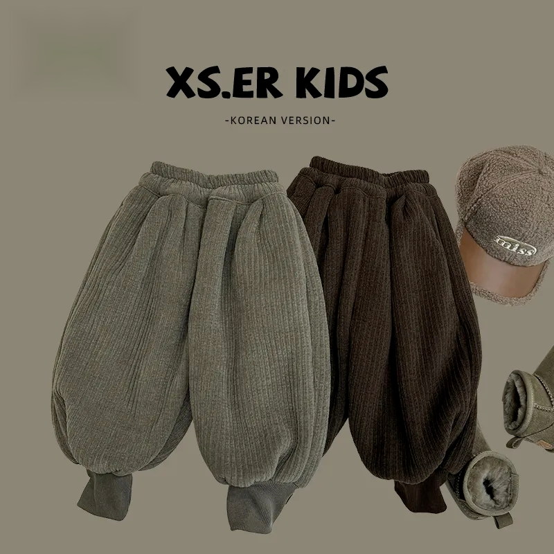 新品巴拉巴拉儿童一条过冬裤子男女童宽松加绒加厚保暖灯芯绒冬季