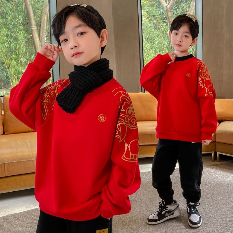 新品巴拉巴拉男童冬装卫衣红色拜年服2023中大童加绒加厚保暖高领