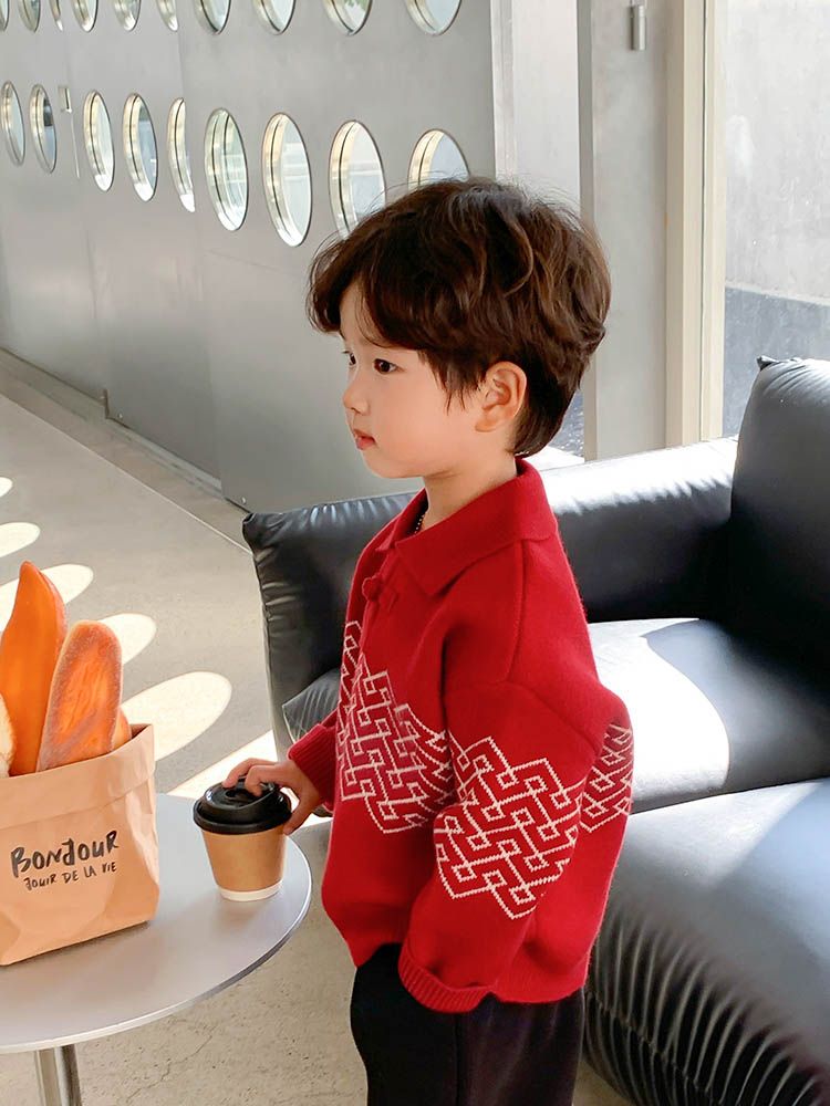 新品巴拉巴拉男童毛衣秋冬款2023新款儿童上衣冬季加厚小童红色宝