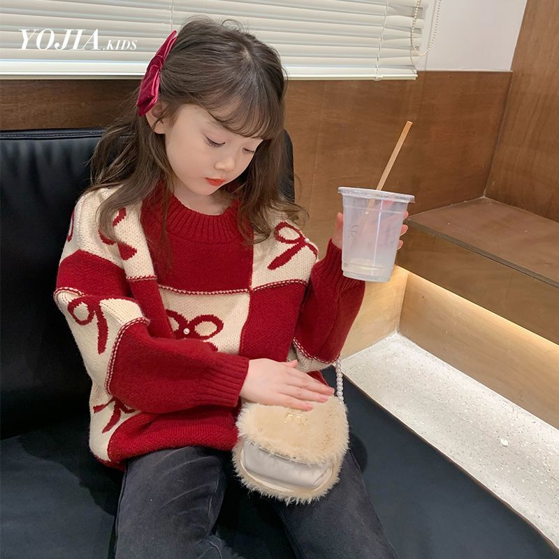 新品巴拉巴拉女童红色2023年宽松洋气加厚针织衫蝴蝶结保暖秋冬季