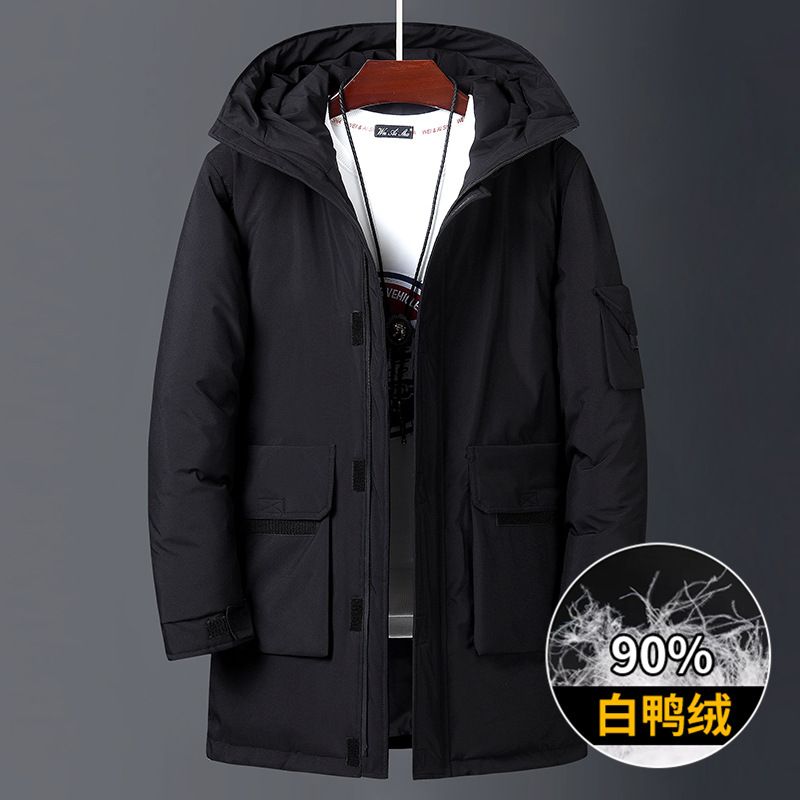 雪中飞羽绒服男中长款外套2023冬季新款潮流加厚工装纯色连帽白鸭