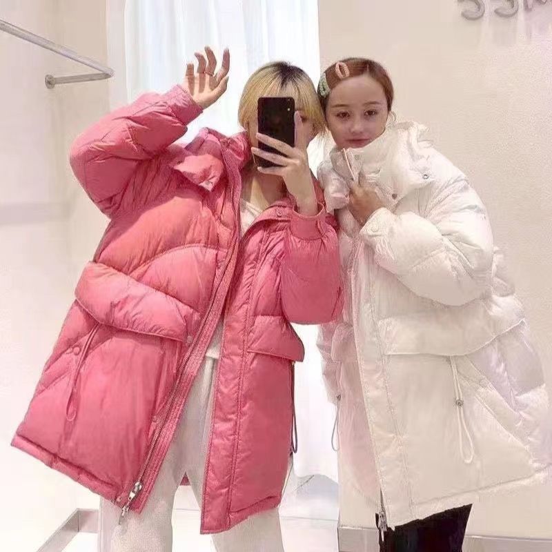 雪中飞新羽绒服2022中长款宽松面包服加厚连帽白鸭绒冬季甜美外套