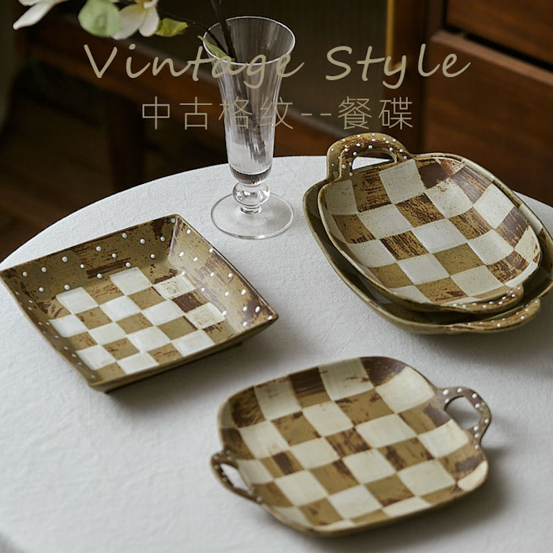 中古风波点格纹餐盘沙拉盘点心盘椭圆形粗陶水果盘装饰盘
