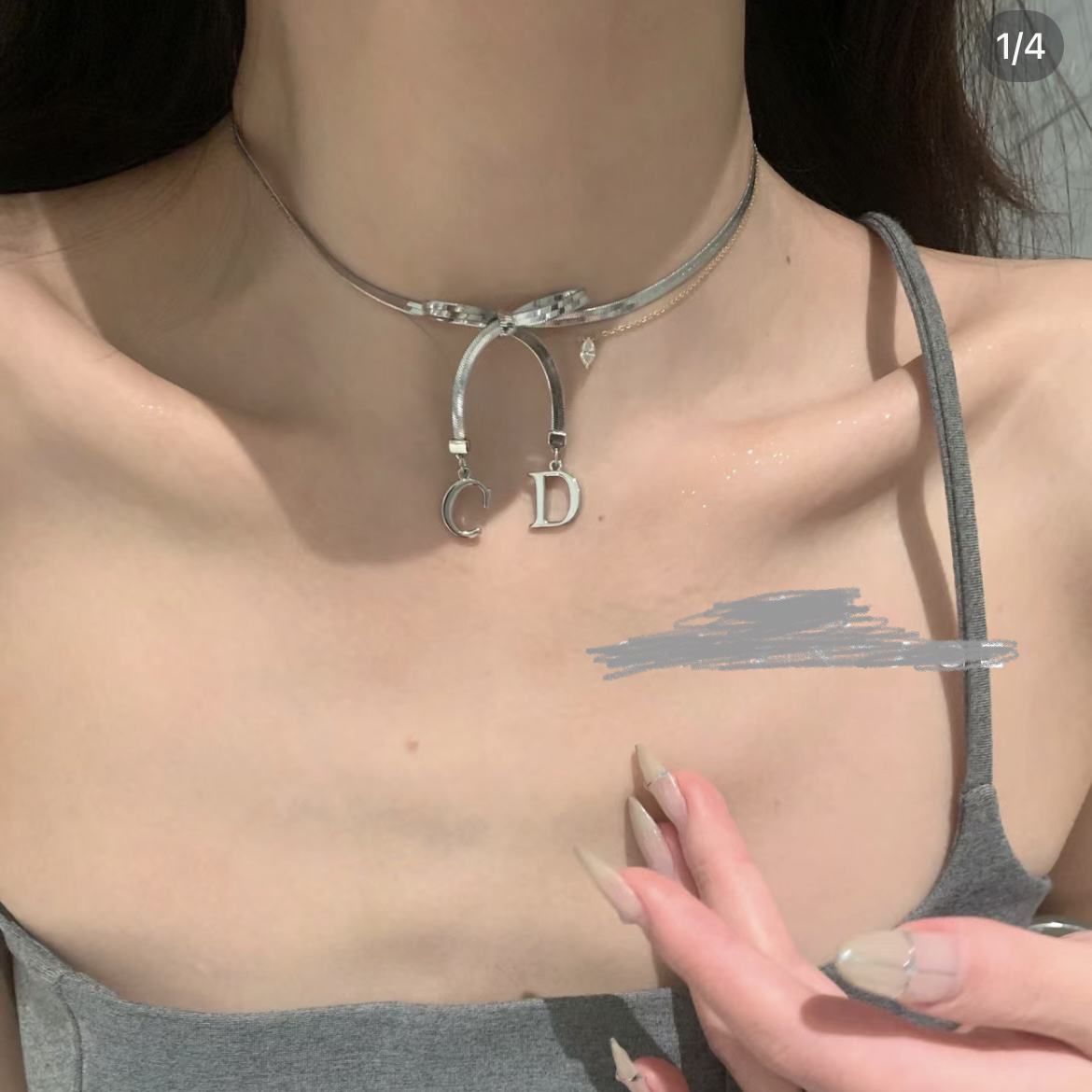 95新 DIOR/迪奥 迪奥蝴蝶结银色项链