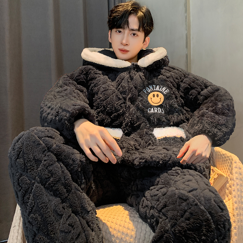 2024连帽睡衣男士秋冬款珊瑚绒三层夹棉加厚加绒男保暖家居服套装