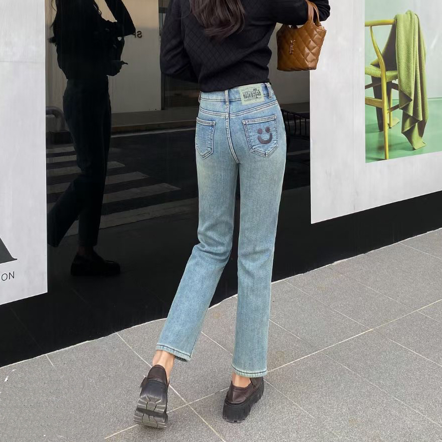 L9063加绒加厚显瘦烟管裤女2023年冬季新款百搭笑脸直筒九分裤