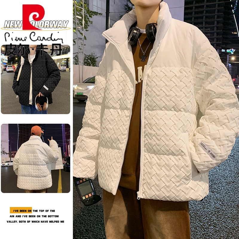 皮尔卡丹羽绒服男2023年90新国标羽绒服立领编织折花潮牌加厚情侣