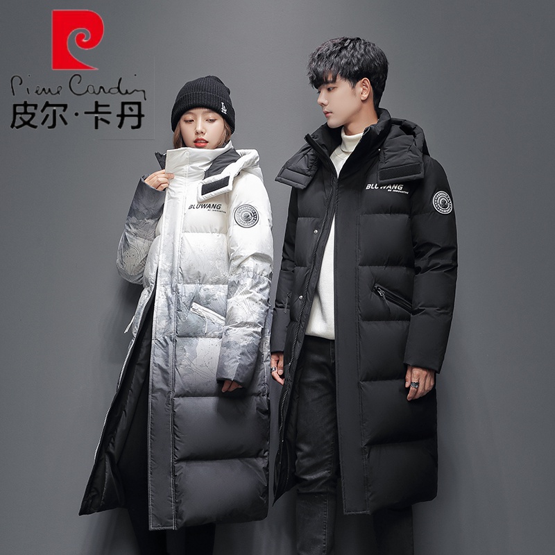 皮尔卡丹爆款情侣装羽绒服男女中长款潮牌雪山渐变连帽外套保暖上