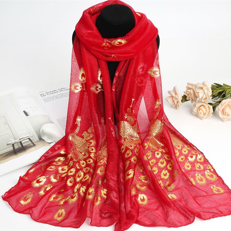 烫金孔雀丝巾女长款弹力美人纱纱巾秋冬百搭披肩外搭装饰围巾