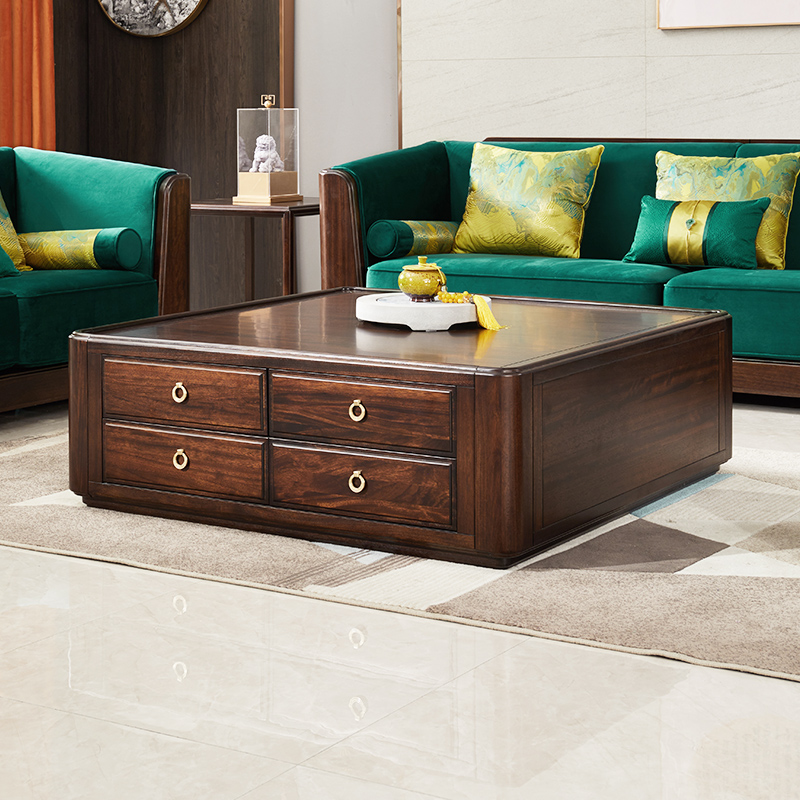 臻致美W新中式茶几乌金木实木方形八抽大方几客厅沙发抽屉储物