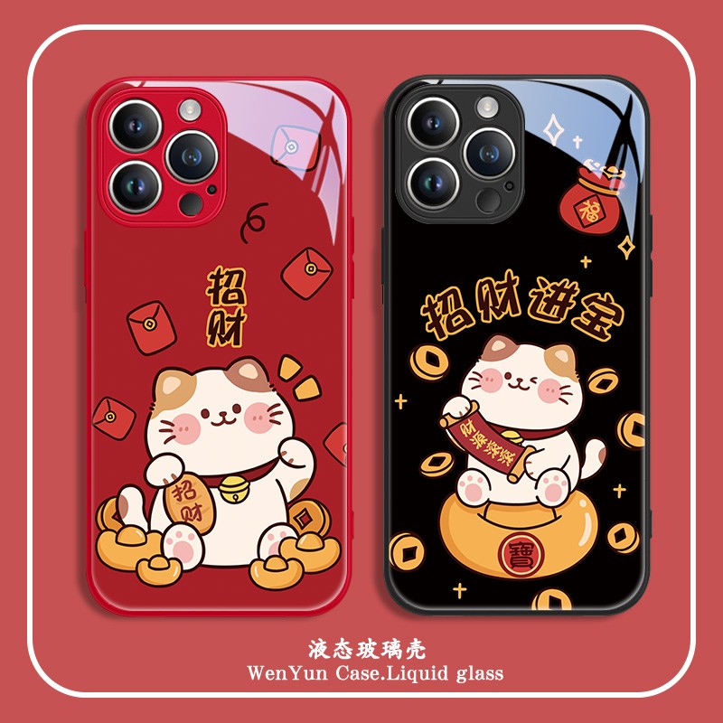 招财转运适用苹果15手机保护壳ip14红色玻璃iphone13pro招财猫潮