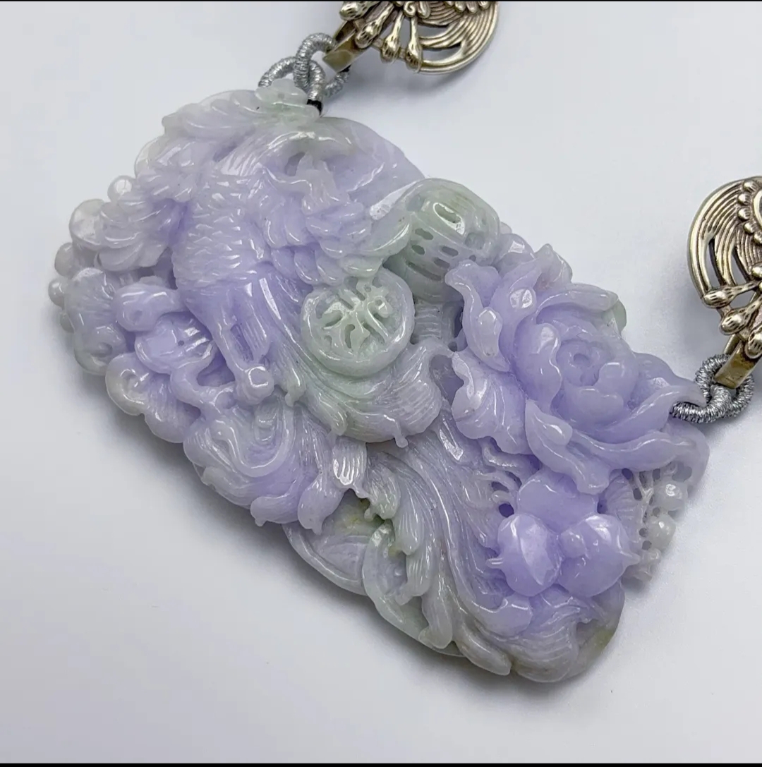 佑曦珠宝 天然浓紫凤穿牡丹翡翠大牌 手工精雕 厚实大气明艳送链