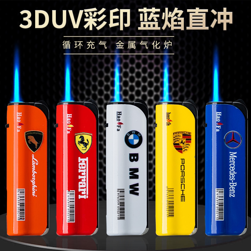 新款创意斜打金属防风打火机点烟器充气直冲可充气防爆批发家用