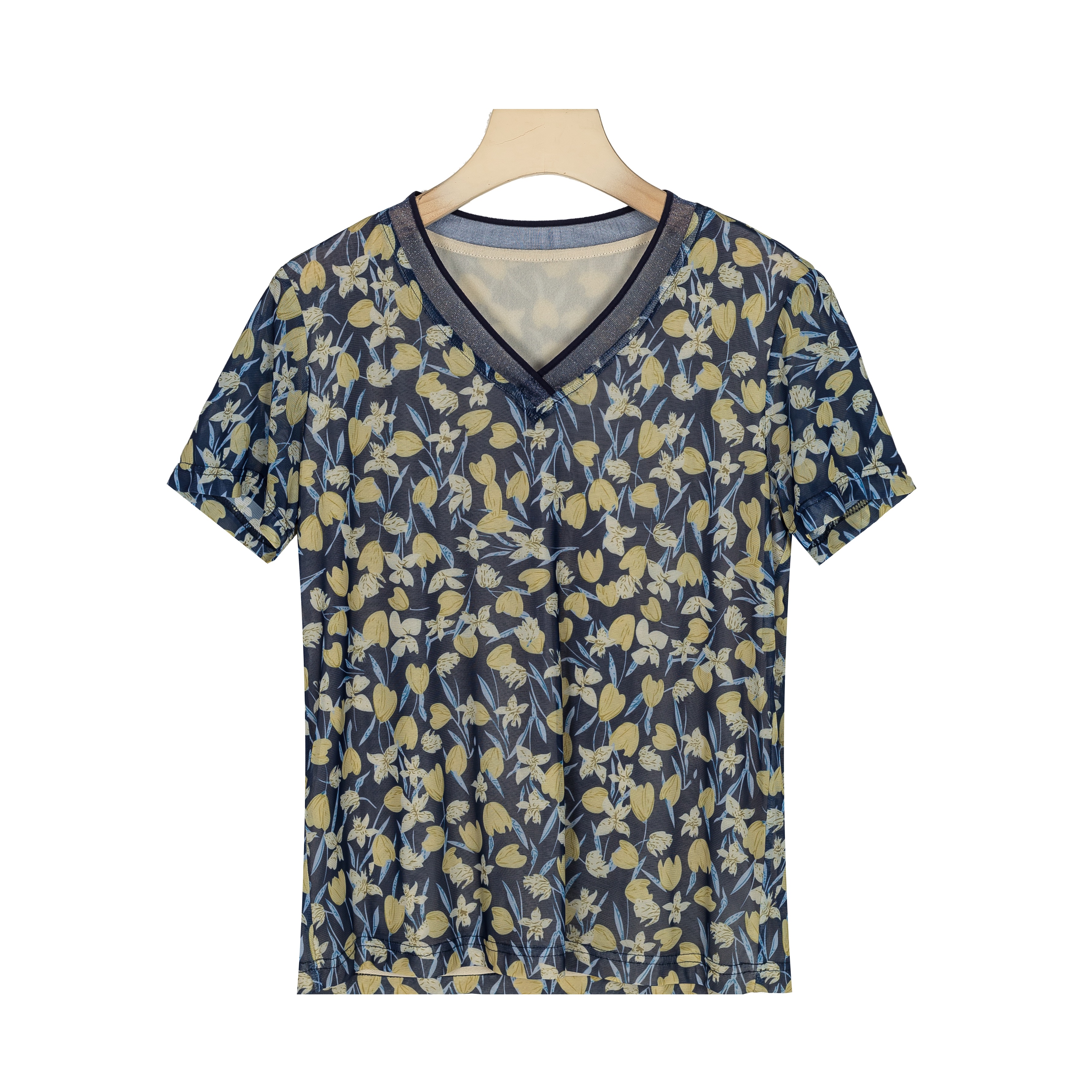 T5203【夏季新品】专柜纯色印花圆领气质时尚女百搭网纱显瘦短袖