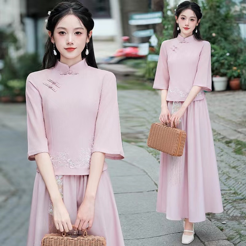 新中式国风休闲日常百搭修身显瘦立领盘扣刺绣上衣半裙两件套1076
