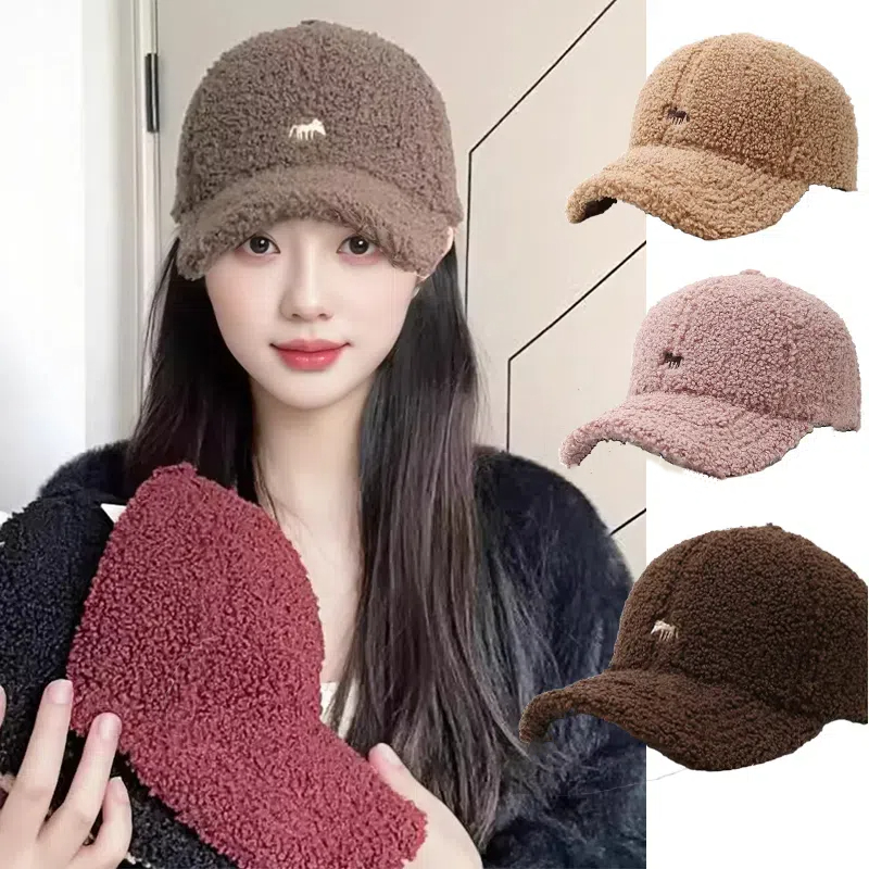 羊羔绒棒球帽女冬季大头围百搭小狐狸刺绣韩版显脸小毛绒鸭舌帽男