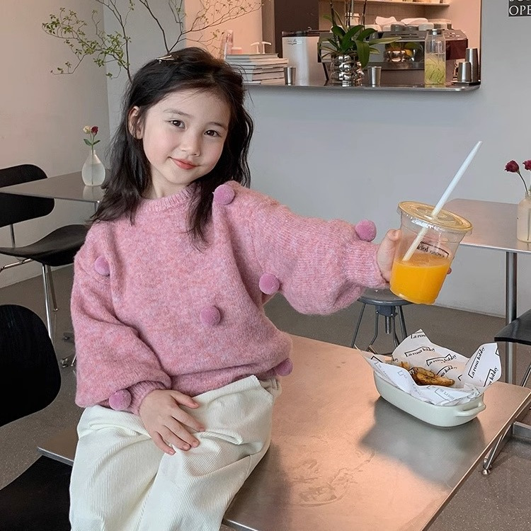 女童毛衣2023秋季新款女孩韩版洋气公主风毛球套头衫儿童甜美针织