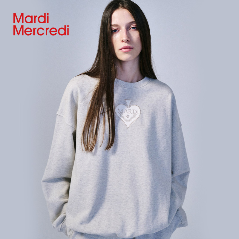 【Mardi Mercredi】桃心贴布刺绣圆领卫衣学院风秋冬百搭休闲情侣L