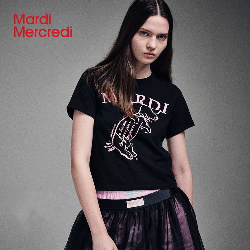 【MardiMercredi】摇尾腊肠狗手绘短袖t恤全棉修身显瘦时尚圆领H