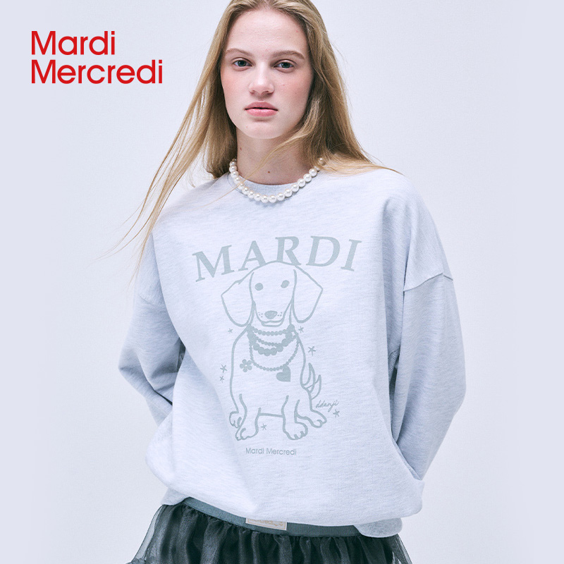 【MardiMercredi】【商场同款】正脸珍珠小狗圆领卫衣休闲印花时尚J