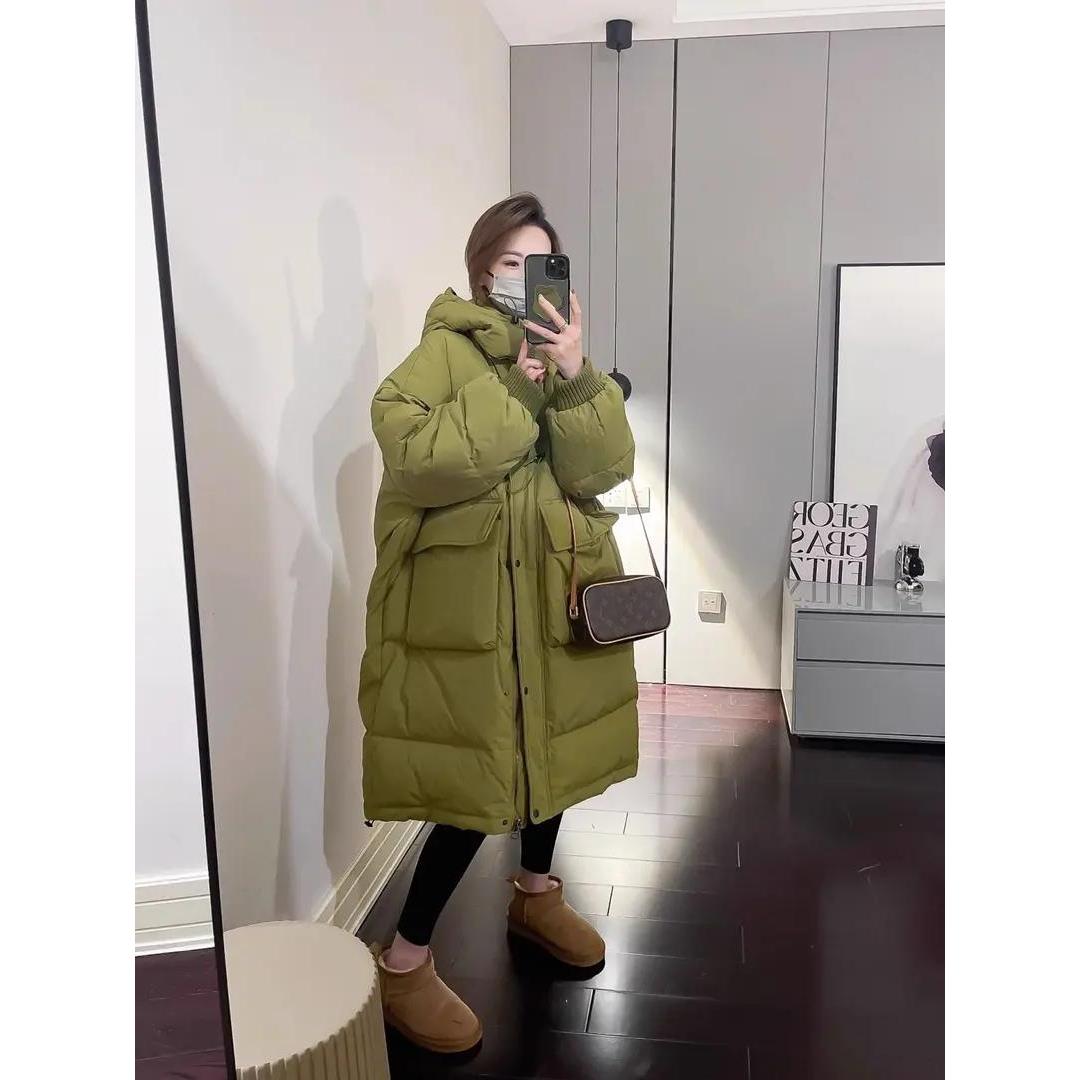2023大绿色服女2023新款中长款韩版宽松休闲加厚连帽外套洋气