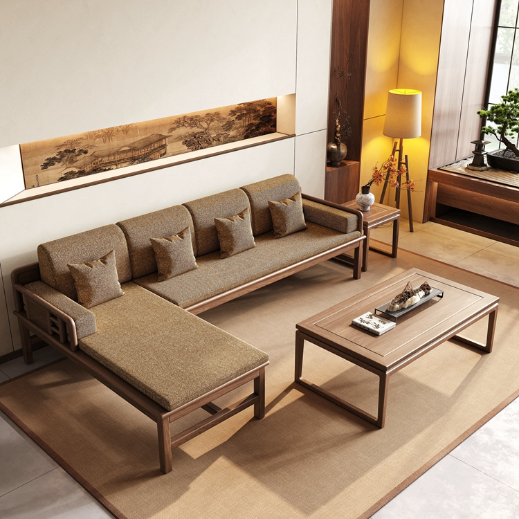 新中式北美黑胡桃木L型转角贵妃2024新款沙发 禅意侘寂风办公家具