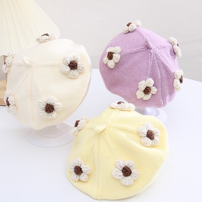 花朵贝雷帽女孩美美哒秋冬单层毛线薄宝宝春秋可爱帽子温柔软蓓蕾