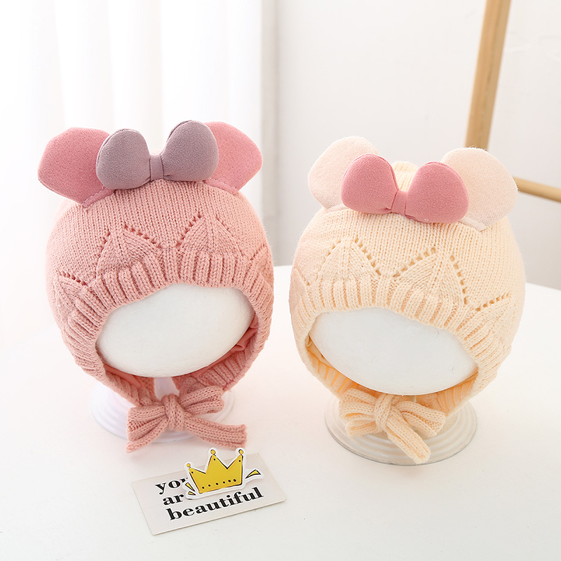 婴儿帽子新款可爱女宝宝蝴蝶结套头帽韩版护耳公主秋冬保暖宫廷帽