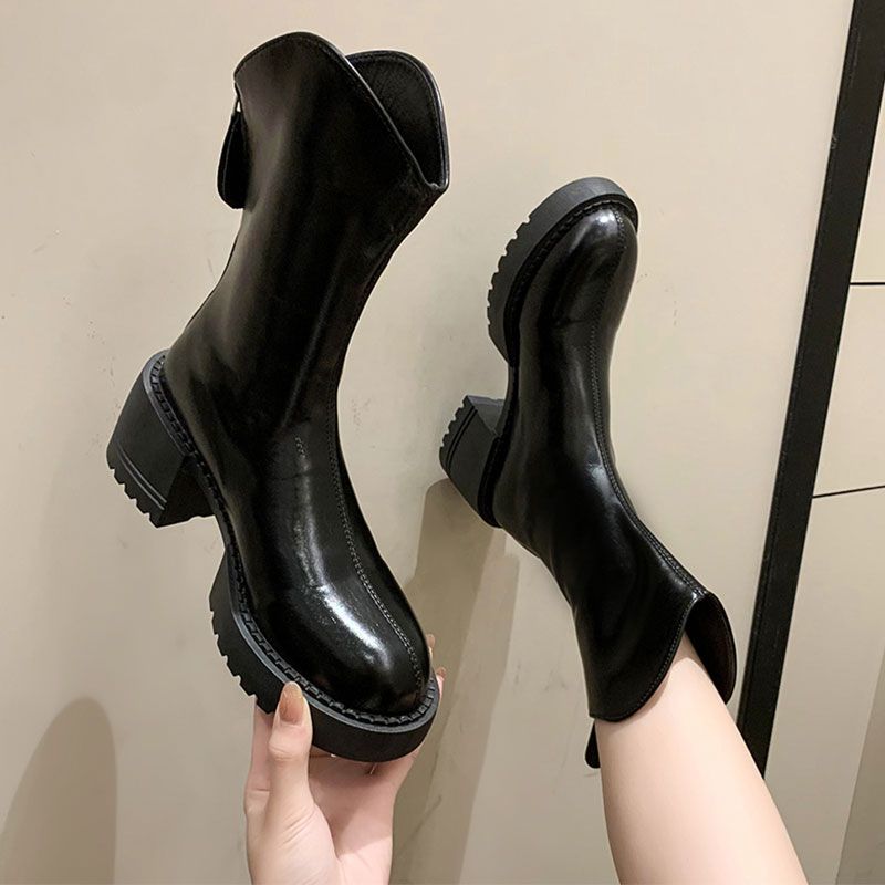 软皮女靴子白色马丁靴女春秋单靴2023新款加绒棉靴厚底粗跟中筒靴