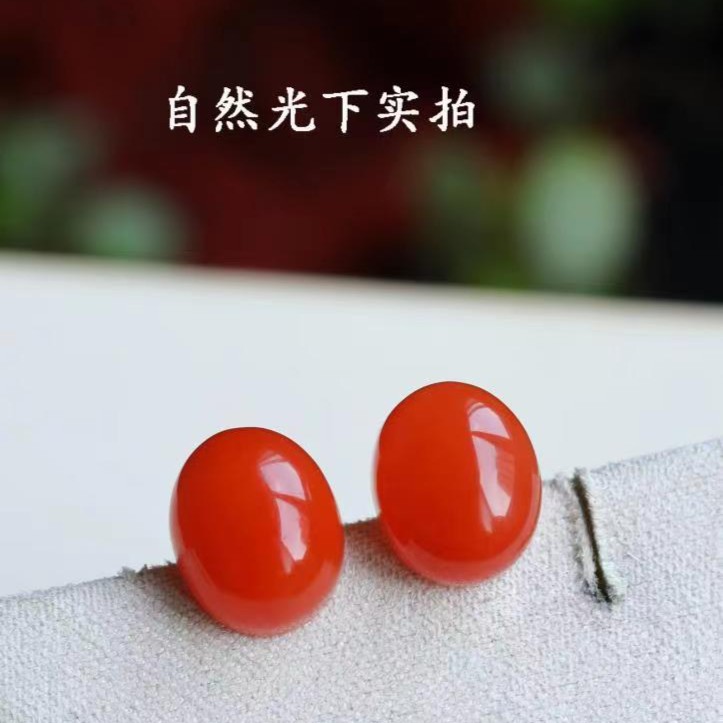 天然正品保山南红樱桃红冰红蛋面耳钉女 18K黄金镶红色宝石耳饰