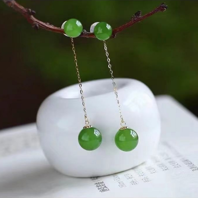 圆珠耳钉耳线款耳饰18k金镶嵌天然新疆和田碧玉阳绿菠菜绿耳钩女