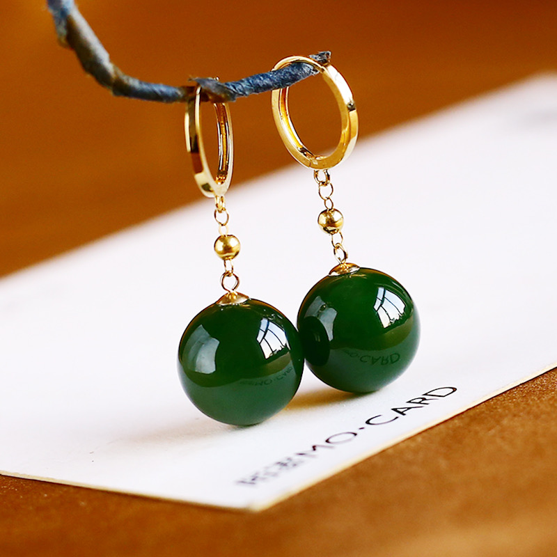 天然新疆和田玉圆珠耳扣老坑料菠菜绿碧玉转运珠耳饰耳环女