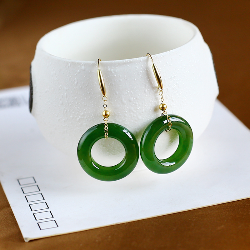 天然和田玉甜甜圈耳饰18k金镶嵌新疆碧玉冰底料菠菜绿平安扣耳坠