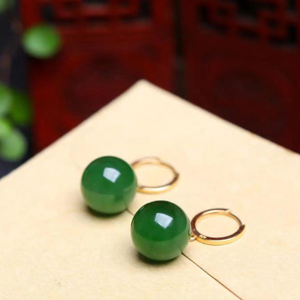 天然和田玉碧玉圆圈耳环18K金耳饰女款法式轻奢圆珠耳坠黄金耳扣