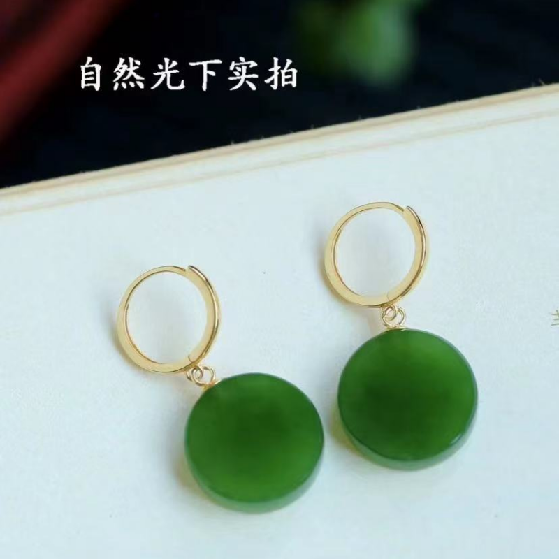 圆牌无事牌耳扣18K金镶嵌天然新疆和田碧玉耳包耳坠冰底料菠菜绿
