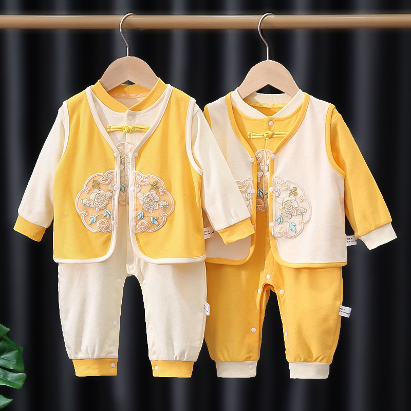 婴儿长袖连体衣男女周岁宝宝中国风刺绣爬服婴儿外出哈衣秋季哈衣