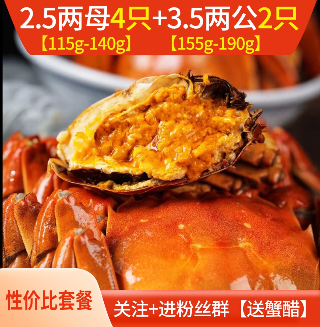 【性价比套餐】2.5两母4只+3.5两公2只【打架断腿蟹】2.5两母(115g-140g带绳重）3.5两公(135g-170g带绳重）