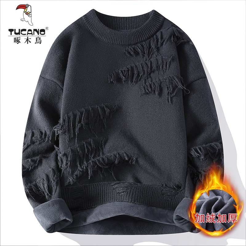 设计感小众毛衣男潮冬季加绒加厚废土风针织衫男宽松慵懒风毛线衣