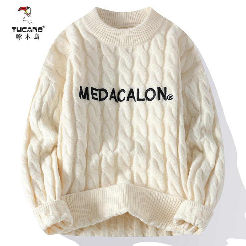 2023圆领秋冬季加厚线衣青少年学生保暖男针织高品质潮流麻花毛衣