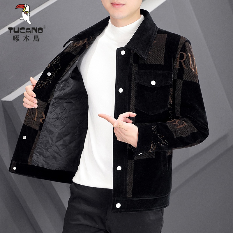 男士春秋平绒短款外套2023新款潮流加棉冬装韩版潮流翻领夹克上衣